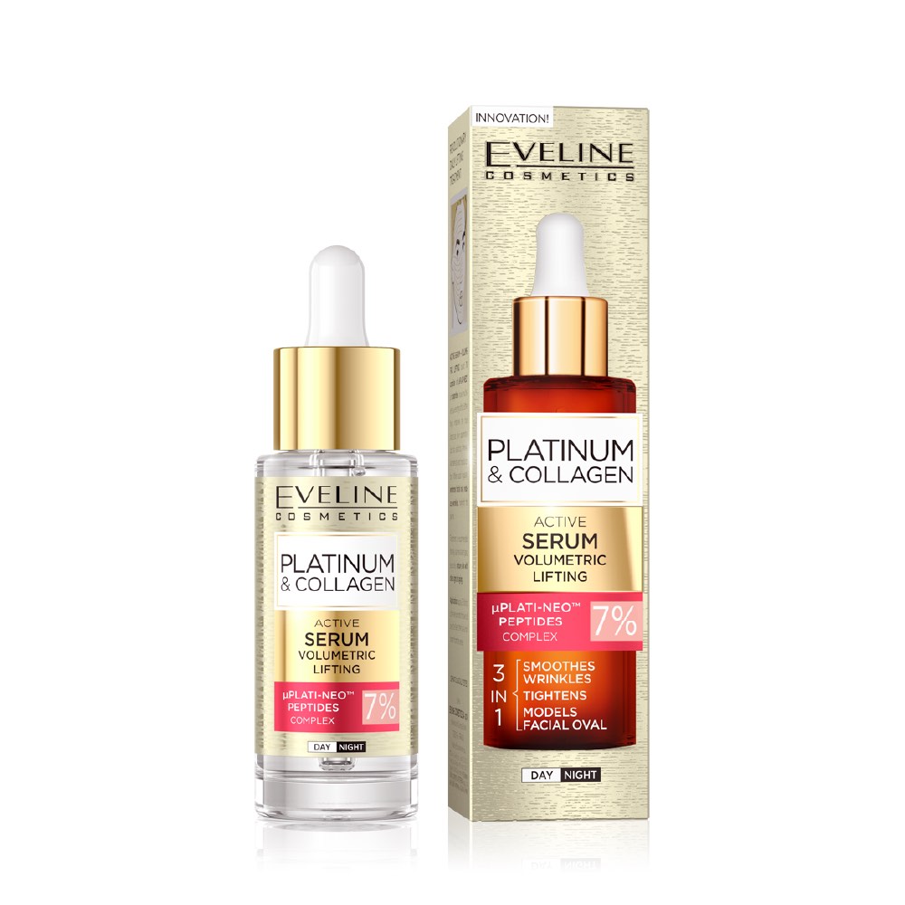 سرم لیفتینگ حجمی و جوانساز سه‌کاره کلاژن پلاتینیوم اولاین با کمپلکس ۷٪ Eveline Platinium Collagen 7% Complex 3in1 Active Volumetric Lifting Serum