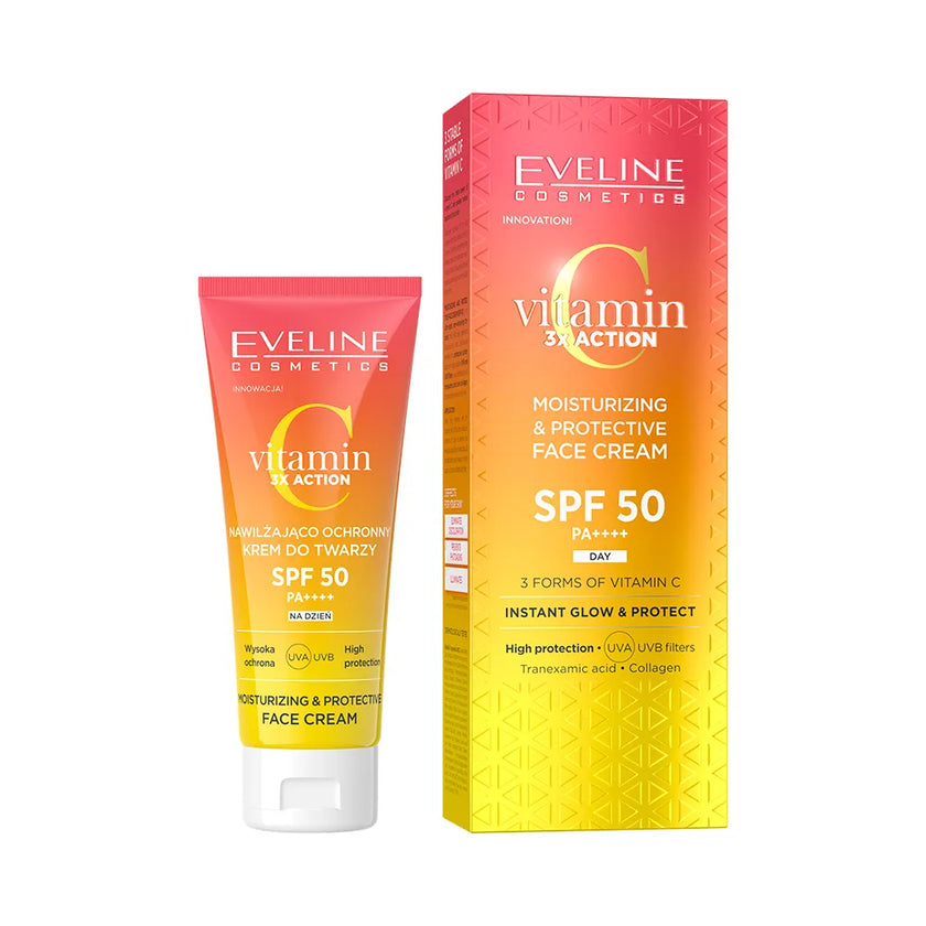 ضدآفتاب ویتامین سی اولاین SPF50 عملکرد سه گانه EVELINE Sunscreen Moisturizing SPF50 3X Action