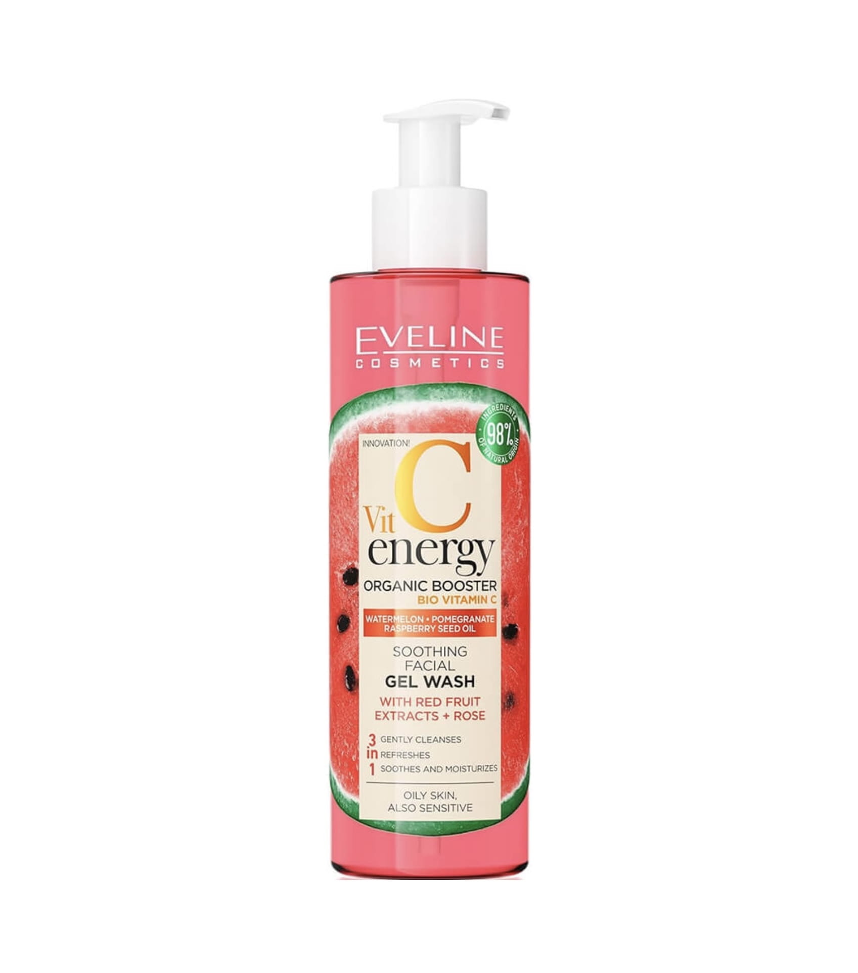 ژل شستشوی میسلار اورگانیک ویتامین C انرژی اورگانیک اولاین با عصاره میوه‌های قرمز Eveline Vit C Energy Organic Booster Soothing Face Wash Gel-Oil With Red Fruit Extracts